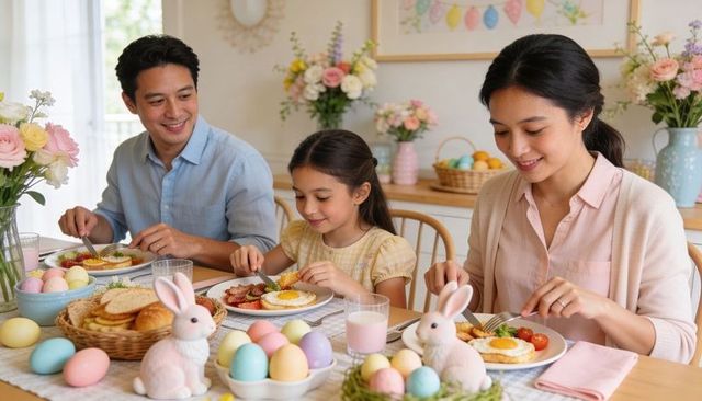 Family enjoying easter breakfast with pastel eggs, bunny decor and spring flowers