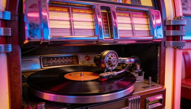 Spinning jukebox turntable playing vinyl in neon retro diner
