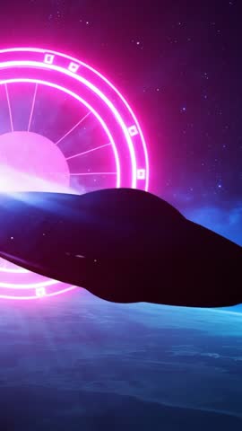 Gliding spacecraft revealing neon portal over starfield horizon vertical sci-fi video
