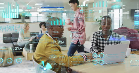 Diverse Team Analyzing Financial Data with Overlay in Modern Office