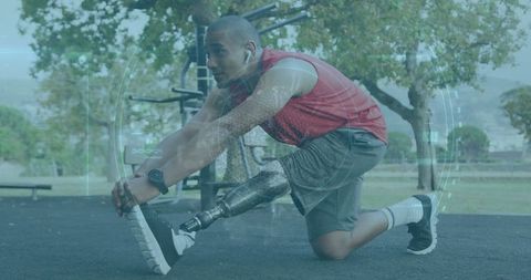 Athlete with prosthetic leg stretching outdoors demonstrating resilience