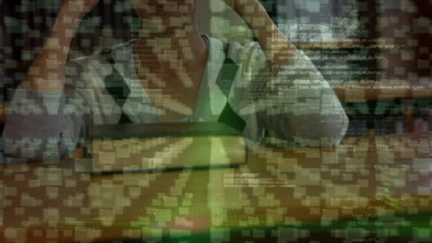 Abstract Overlay Code with Thoughtful Person in Background