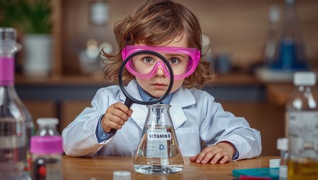 Young scientist exploring vitamin d experiment with magnifier and pink goggles