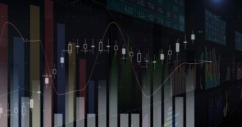 Financial analytics screen with candlestick charts and data visualization