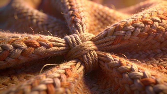 Warm-lit braided yarn knot macro showcasing woven strands, loose fibers and tactile texture