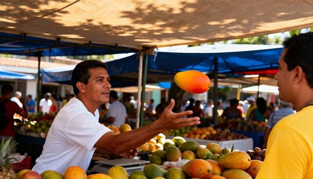 Market vendor tossing ripe mango to customer at bustling outdoor fruit stand with scale
