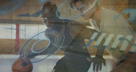 Athletic Man Dribbling Basketball with Futuristic HUD Overlays