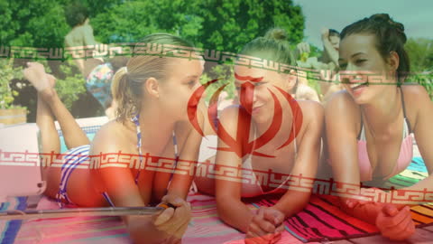 Young Women Relaxing Poolside with Overlay Animation