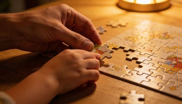 Adult and Child Hands Assembling Jigsaw Puzzle on Wooden Table Under Warm Lamp Glow