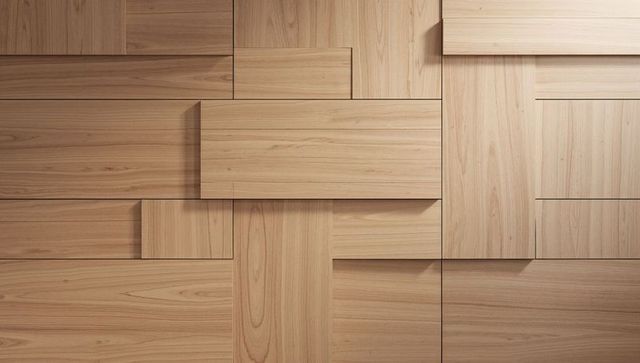 Staggered light wood wall panels creating geometric textured timber grid with depth
