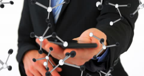 Businessman Uses Smartphone with Molecular Structure Overlay