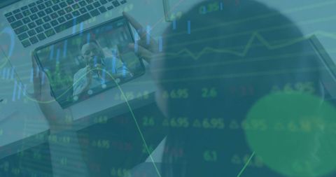 Diverse teams analyze market reports via digital collaboration