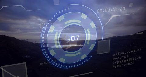Augmented HUD Display Tracking Over Aerial Coastal Bay with Radial Countdown Readout 507