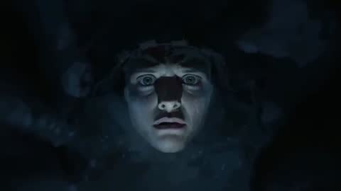 Helmeted Man Staring Up Under Blue Light Breaking Through Shadowy Dust Tense Closeup