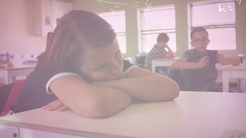 Bored Student with Math Equations Overlay in Classroom