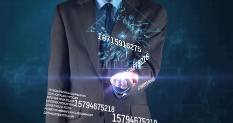 Businessman presenting holographic data arrow interface for digital transformation
