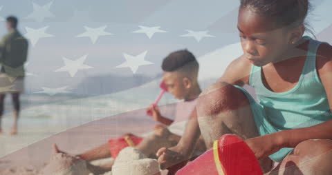 Patriotic Siblings Enjoying Beach Sand Play with American Flag Overlay