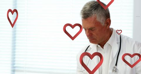 Doctor Surrounded by Heart Icons Expressing Care and Health