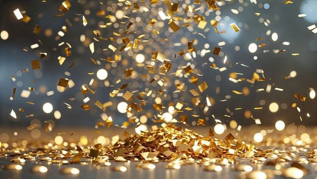 Cascading Gold Confetti with Bokeh Lights for Glamorous Celebrations