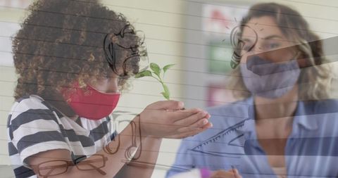 Masked students learning in classroom with educational icons overlay