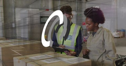 Warehouse team checking inventory with tablet and labeled packages, logistics tech overlay