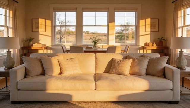 Sunlit minimalist open-plan living room with large beige sofa and throw pillows