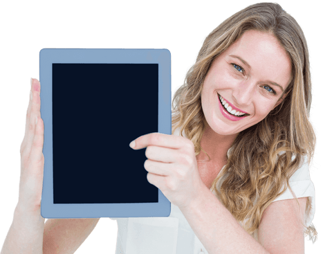 Smiling Woman Presenting Blank Tablet Display Transparent Background - Download Free Stock Videos Pikwizard.com