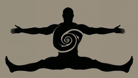 Silhouette male performing straddle split with spiral torso graphic, flexibility concept