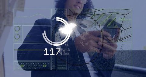 Businessman using smartphone displaying augmented reality HUD with global analytics and maps