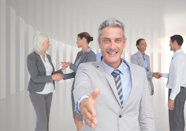 Digital composition of smiling businessman offering his hand for a handshake against colleagues in background