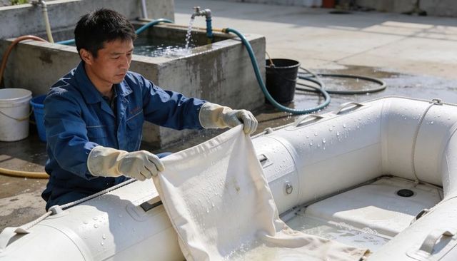 Asian worker cleaning inflatable boat in sunlit maintenance yard using hoses and gloves