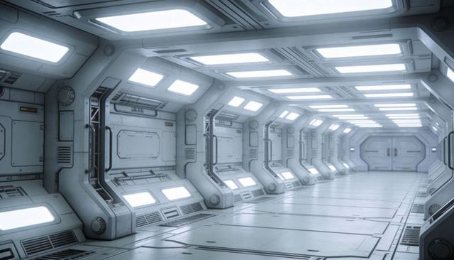 Sterile Futuristic Space Station Corridor with LED Panels and Symmetric Bulkhead Doors, High-Tech