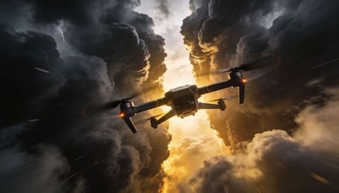 Flying quadcopter piercing storm gap with dramatic golden backlight and spinning rotors
