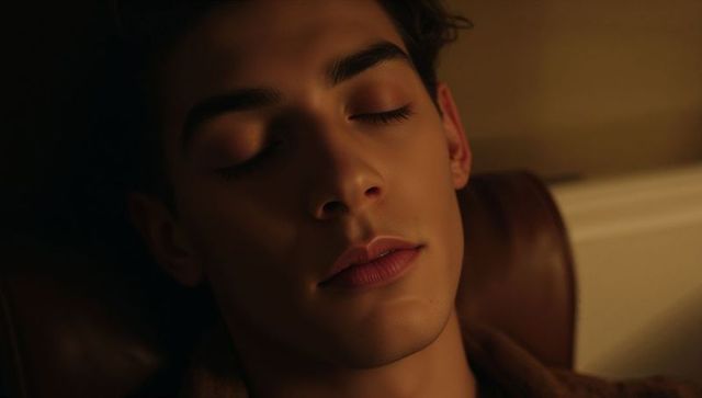 Young man resting eyes closed on leather headrest in warm moody cinematic light
