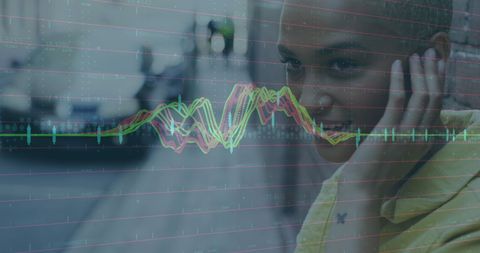 Woman listening to music with data visualization overlay