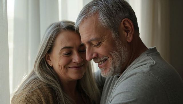 Senior couple embracing at home by window sharing tender smile and quiet affection