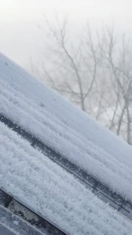 Vertical video capturing snow-covered rooftop solar panels after snowfall with bare trees