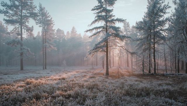 Sunbeams casting warm light through frosted boreal pines at dawn, misty frosted meadow