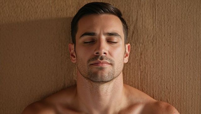Serene shirtless man resting on textured brown mat with warm studio lighting