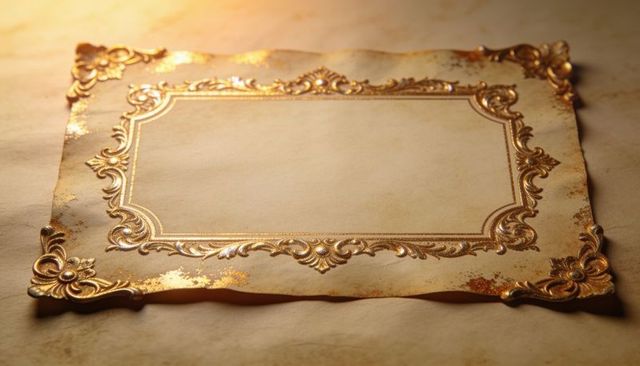 Gilded antique certificate frame with ornate gold filigree on aged parchment tabletop