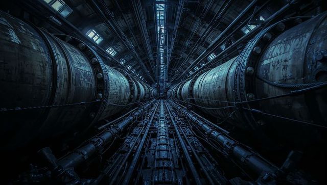 Descending industrial tunnel with twin rusted cylinders, converging pipes and blue patina