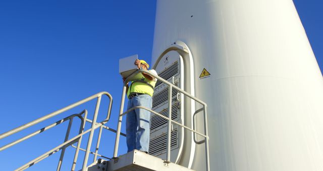 Engineer Conducting Maintenance on Wind Turbine with Laptop - Download Free Stock Images Pikwizard.com