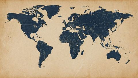 Vintage world map silhouette on beige parchment background