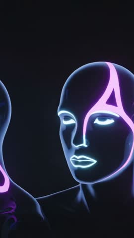 Neon pulse sculptural heads pulsing in void, cyan magenta lines tracing faces