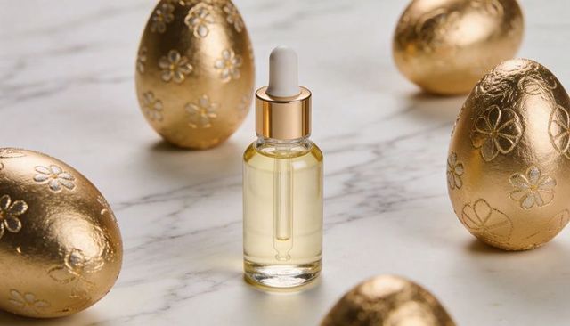 Luxury facial oil dropper bottle on marble surrounded by embossed gold decorative eggs