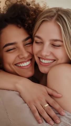 Hugging women sharing tender smiles on sofa closeup vertical video showing band ring