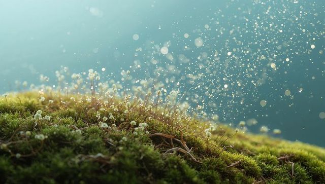 Shimmering moss mound with dew and delicate white sporophytes, bokeh woodland atmosphere