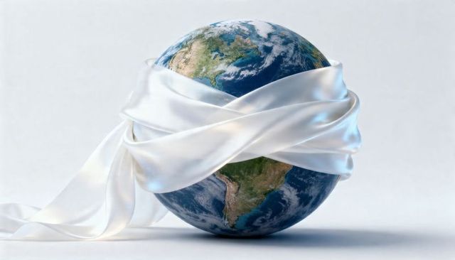Earth wrapping in white satin ribbon symbolizing global peace protection and healing