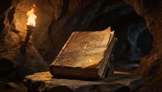 Ancient leather-bound grimoire resting on stone pedestal in candlelit cavern passage