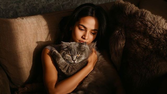 Woman cradling fluffy grey cat on sunlit sofa conveying cozy companionship and calm